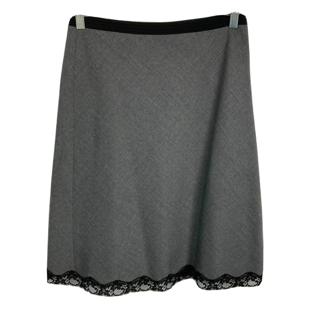 The Limited Skirt Womens Sz 2 Gray Black Wool Silk‎ A Line Midi Lace Trim